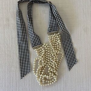 Anthropologie Black and White Gingham Ribbon Pearl Necklace